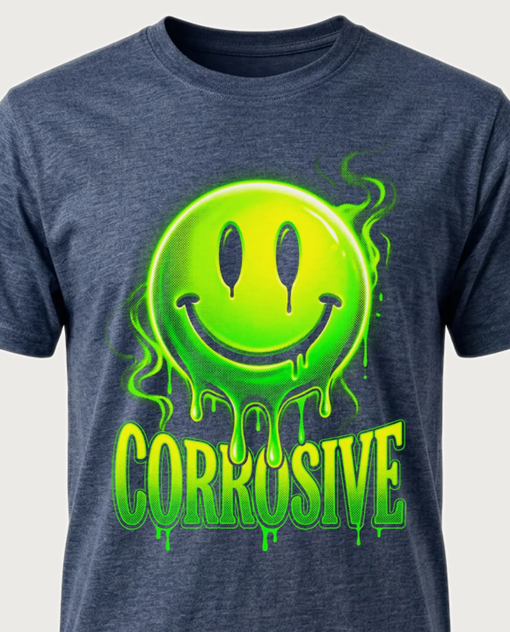 CORROSIVE acid smiley — Acid Toxic on a heather navy tee