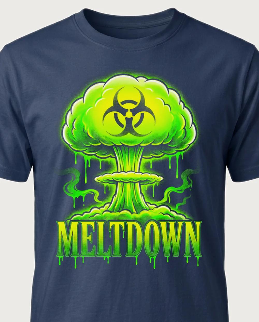 MELTDOWN mushroom cloud — Acid Toxic on a navy tee