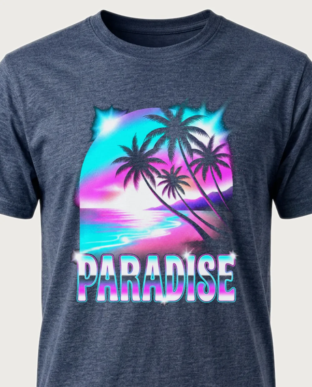 PARADISE palm beach — Airbrush on a heather navy tee