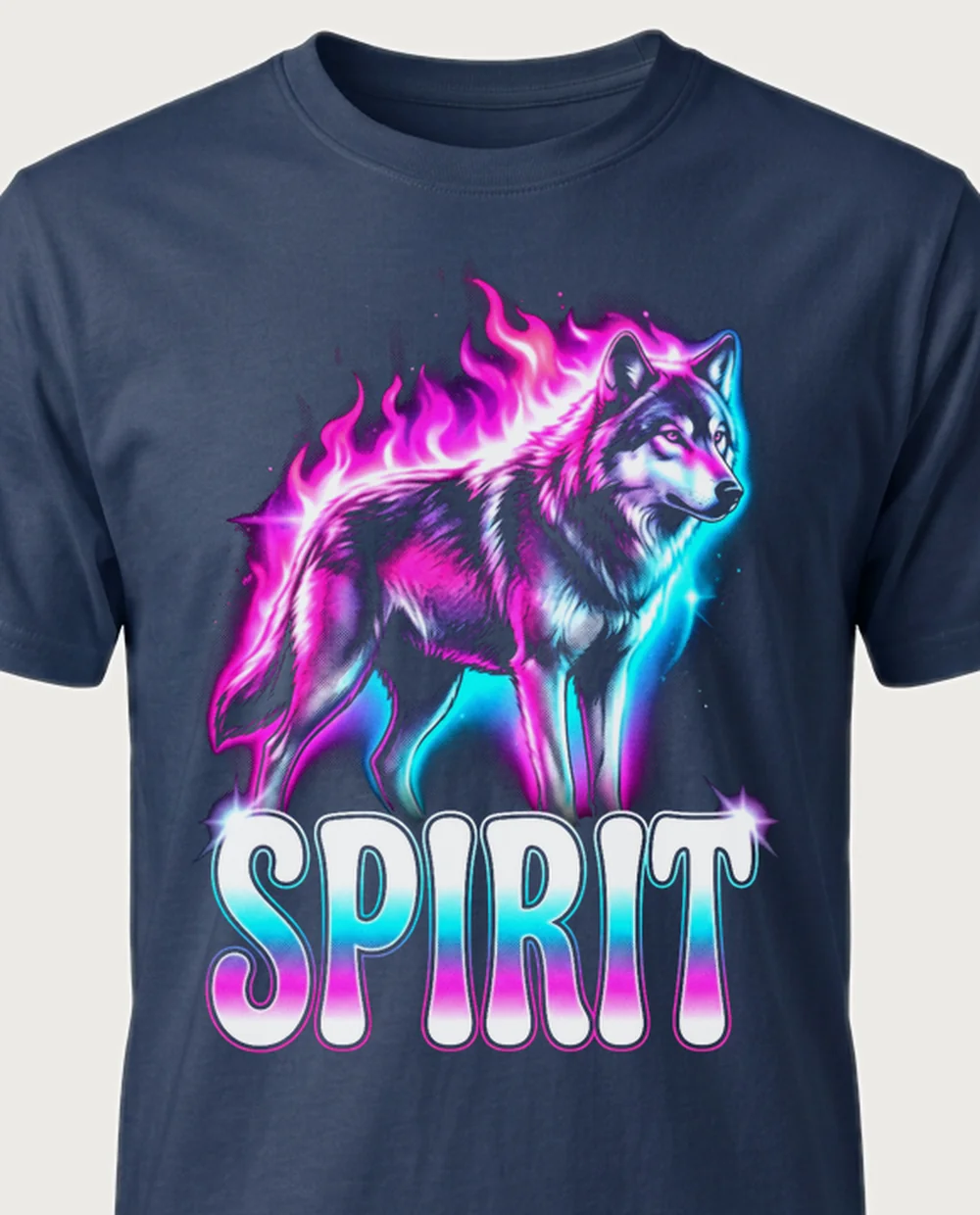 SPIRIT flaming wolf — Airbrush on a navy tee