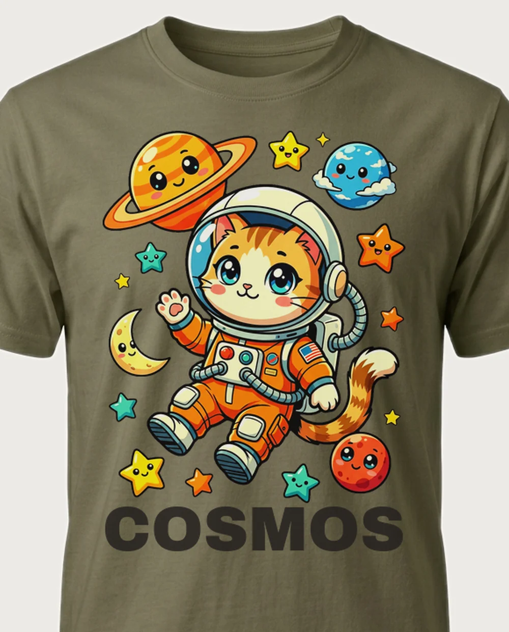 COSMOS astronaut cat — Retro Anime on a military-green tee