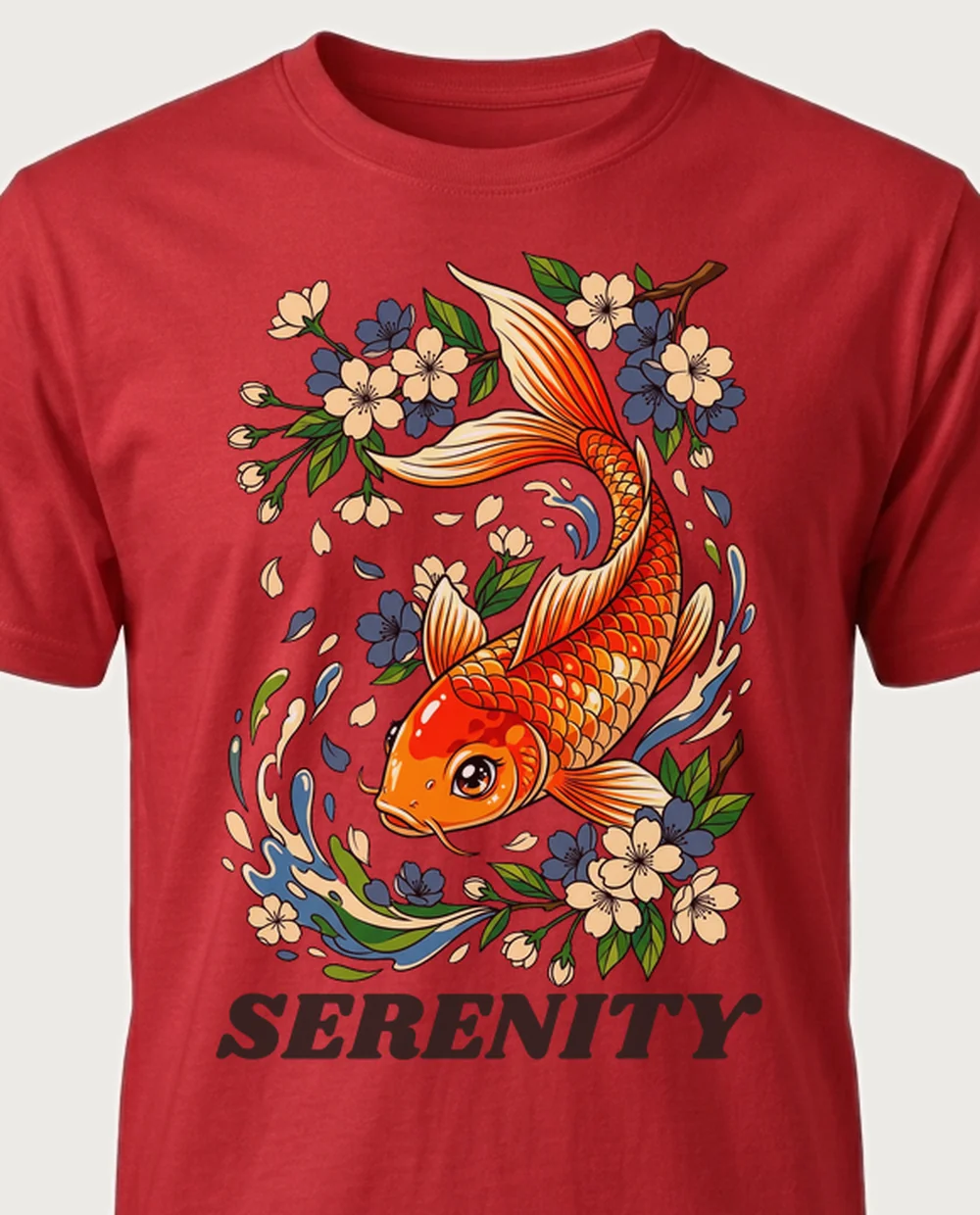 SERENITY koi fish — Retro Anime on a red tee