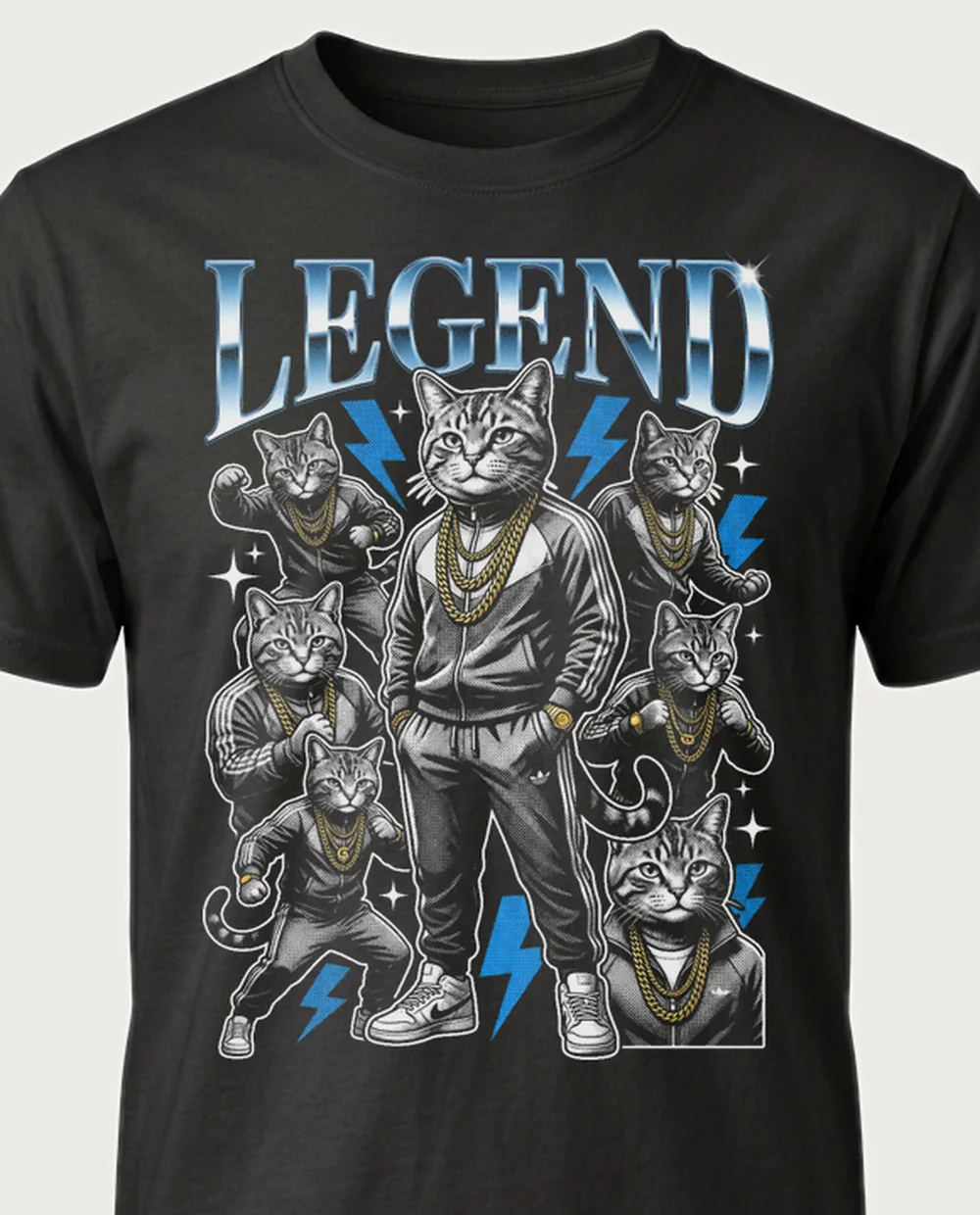 LEGEND tracksuit cat — 90s Bootleg Photo on a black tee
