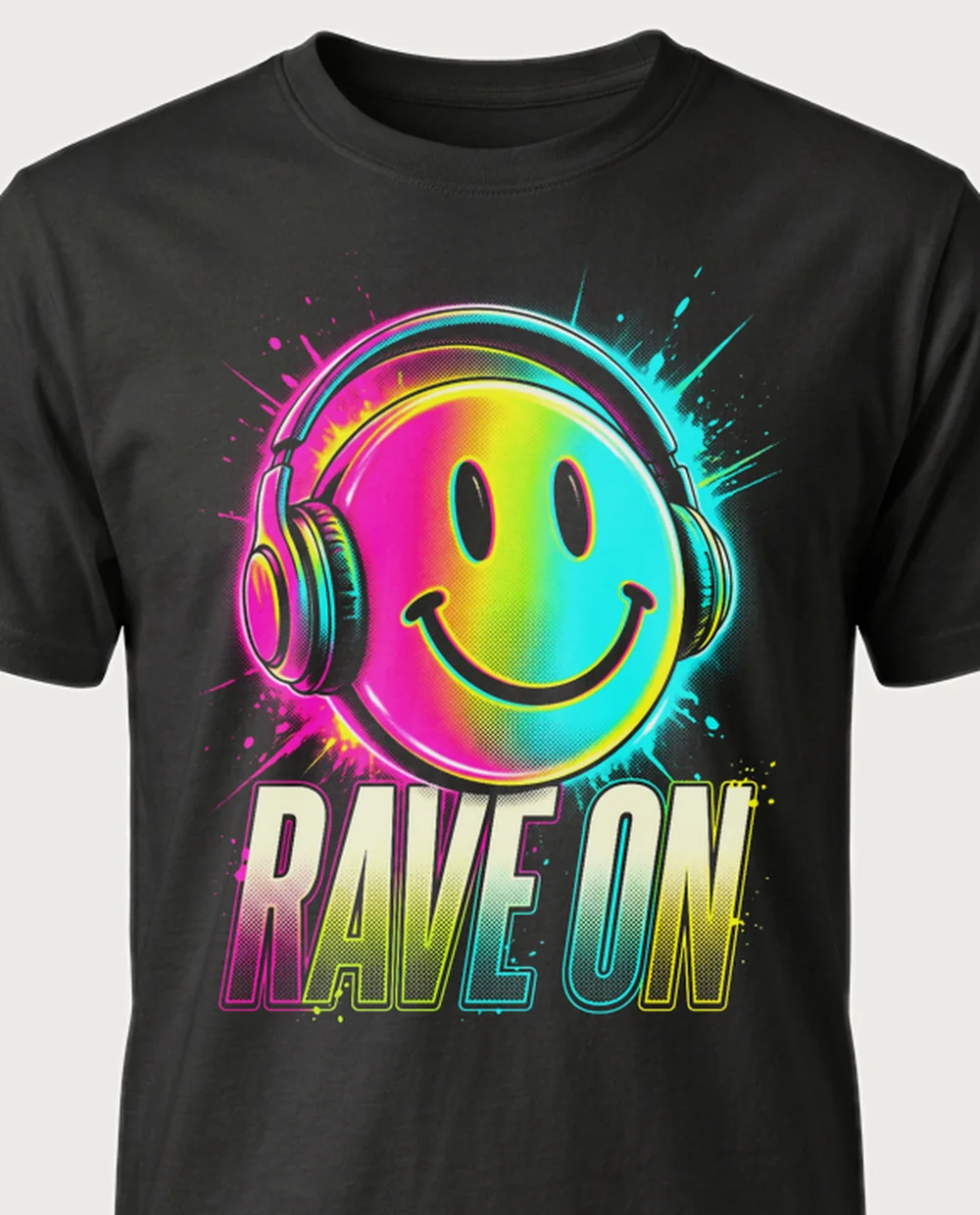 RAVE ON smiley — Bootleg Rave on a black tee