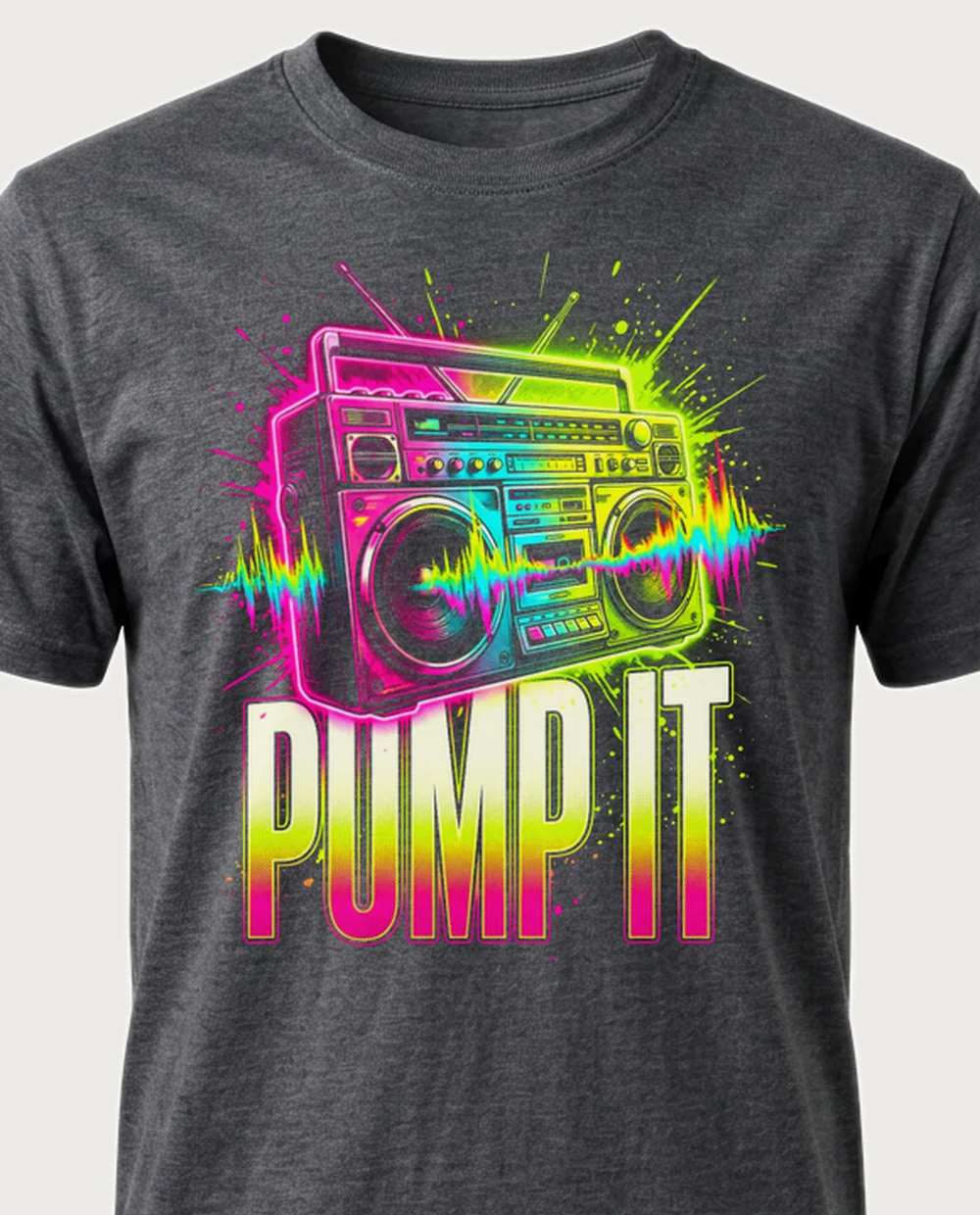 PUMP IT boombox — Bootleg Rave on a dark heather tee