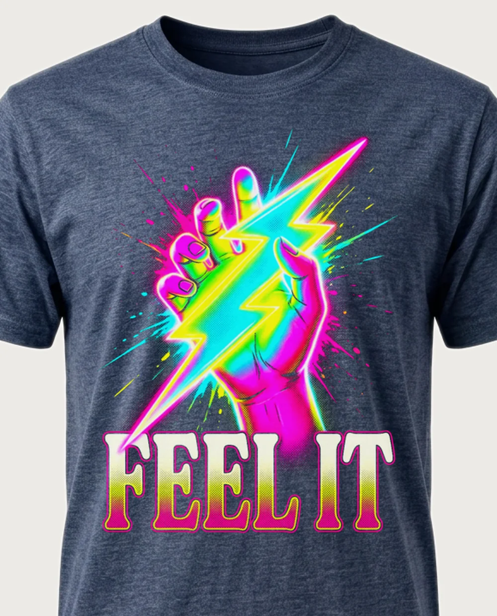 FEEL IT lightning — Bootleg Rave on a heather navy tee