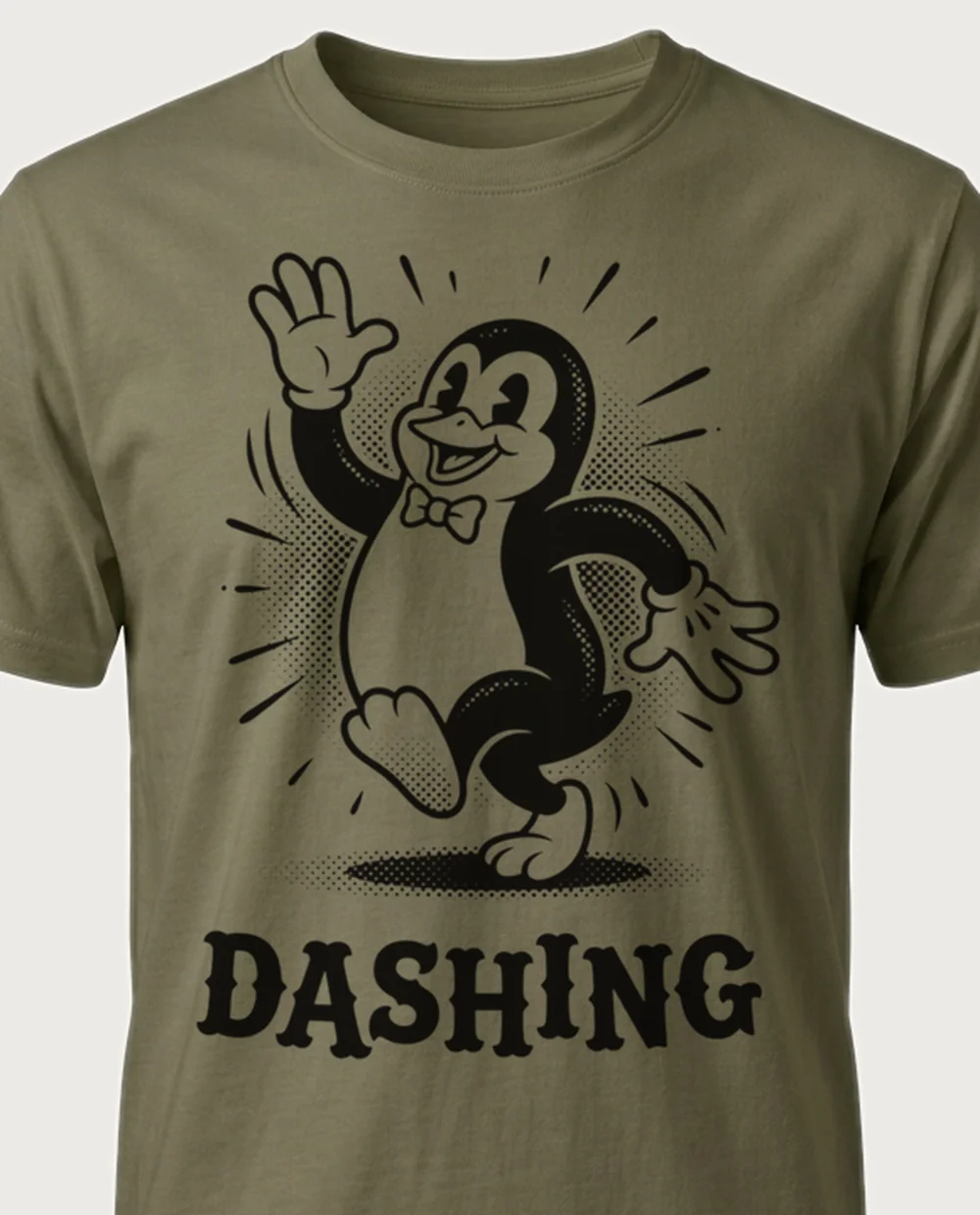 DASHING penguin — 1920s Cartoon on a military-green tee