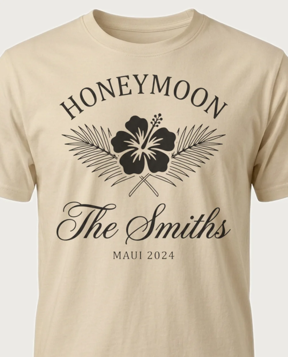 The Smiths · Honeymoon Maui hibiscus — Club Monogram on a sand tee