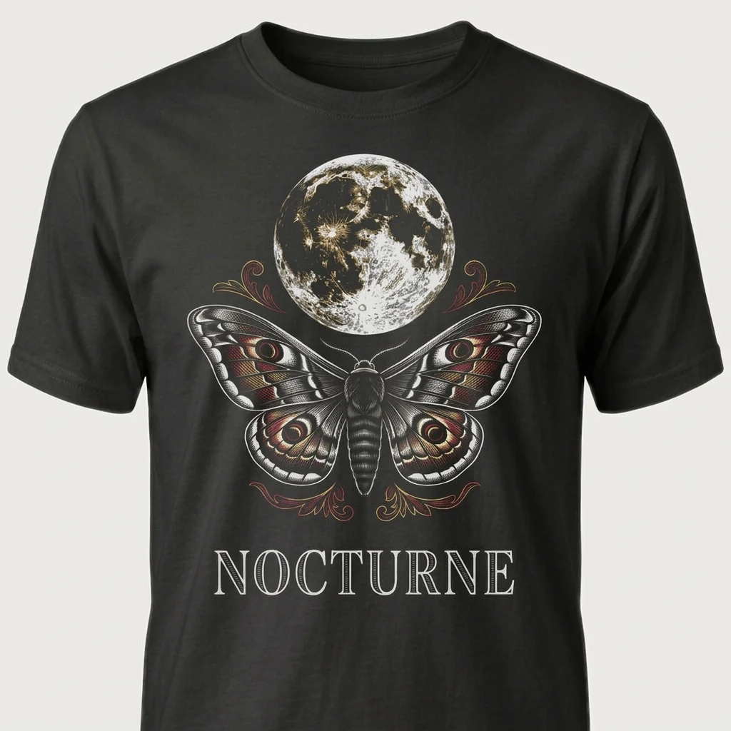 Colour Engraving — crimson & gold moth on a black tee