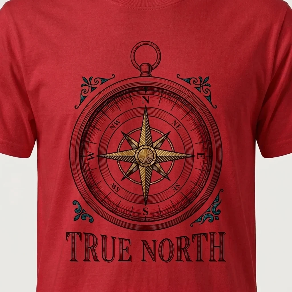 Colour Engraving — gold compass rose on a red tee