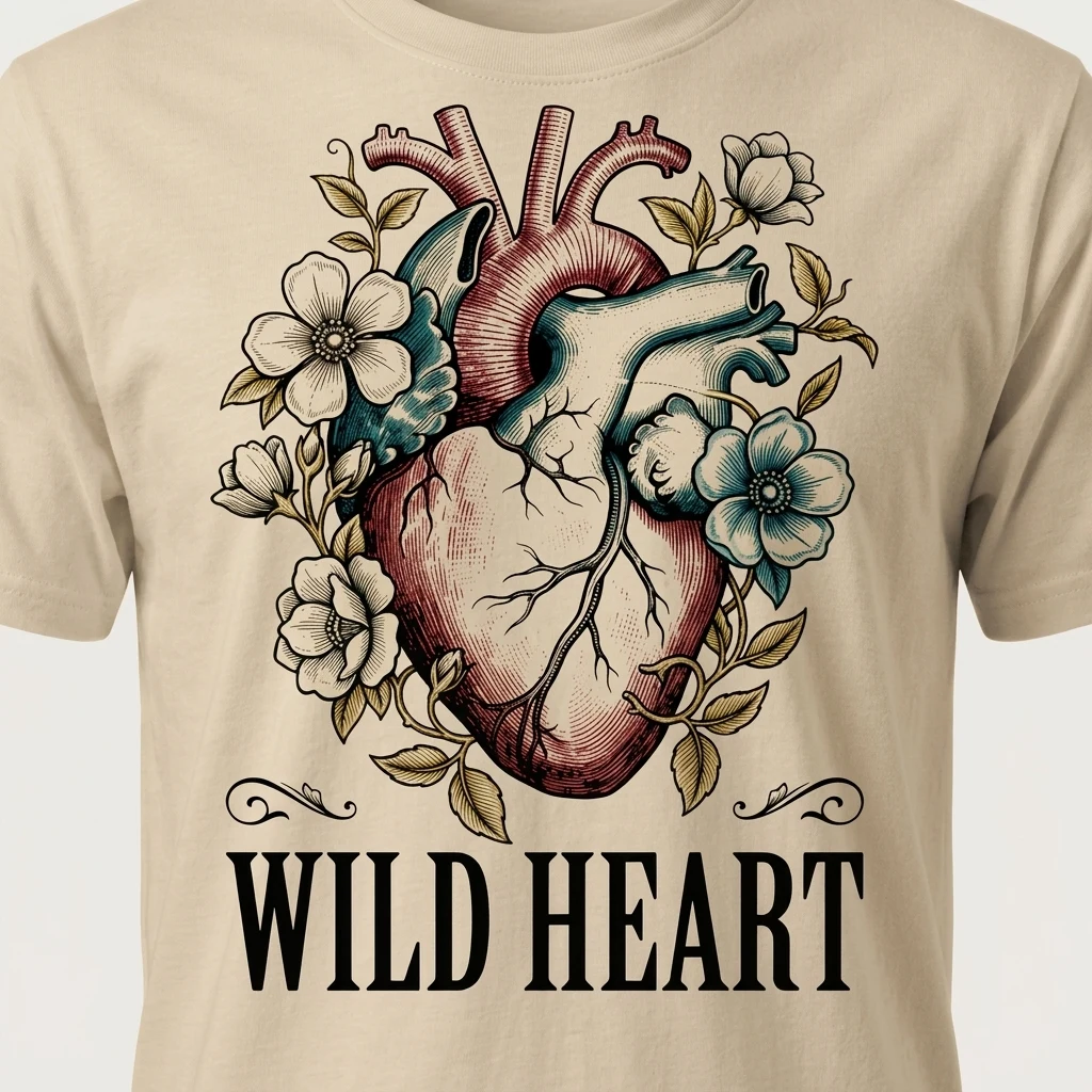 Colour Engraving — anatomical wild heart on a sand tee