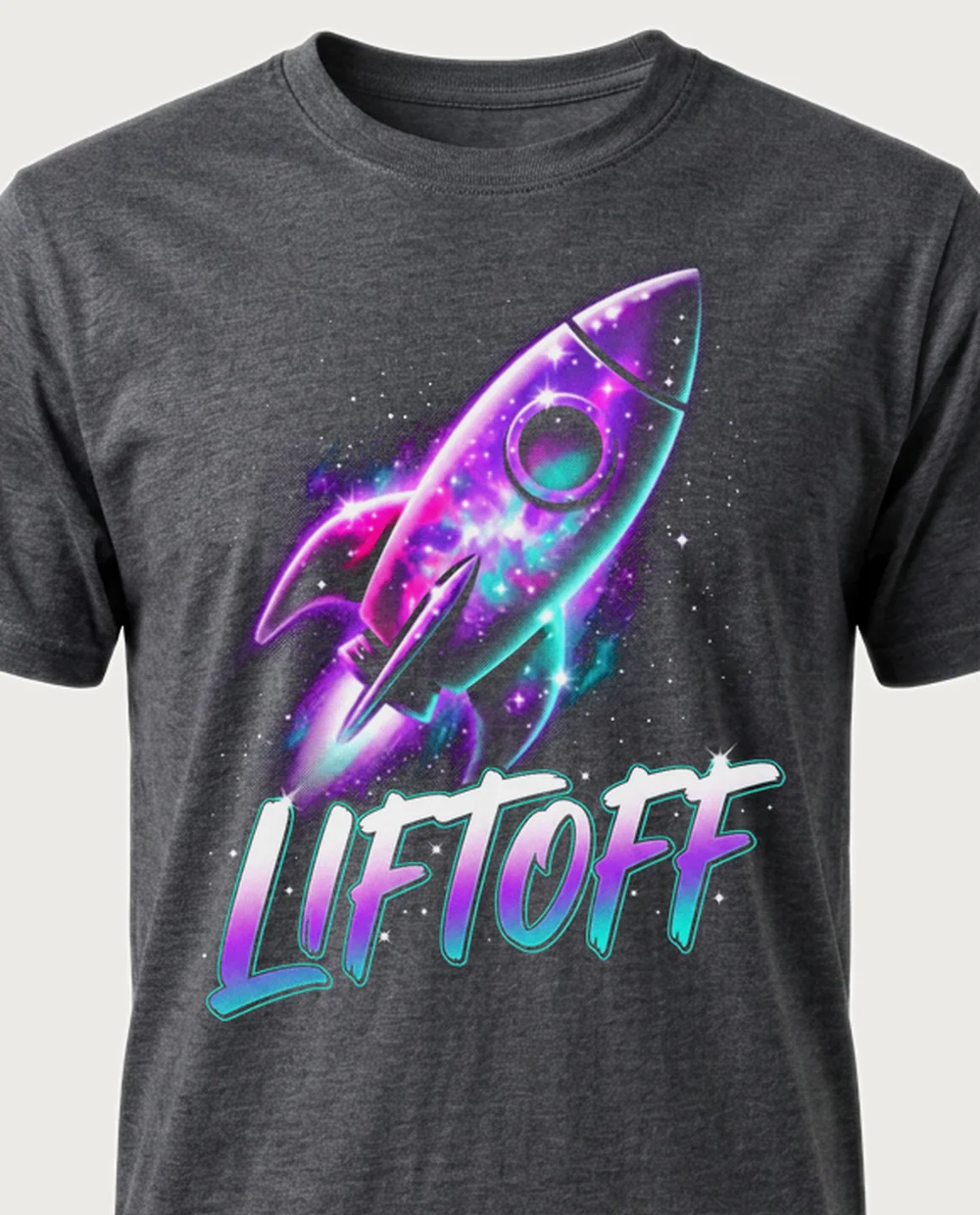 LIFTOFF rocket — Cosmic on a dark heather tee