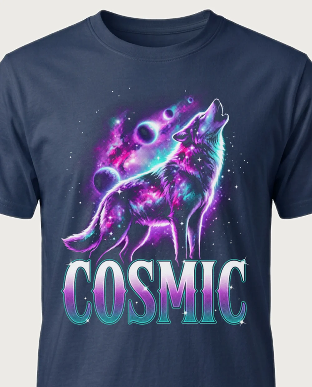 COSMIC galaxy wolf — Cosmic on a navy tee