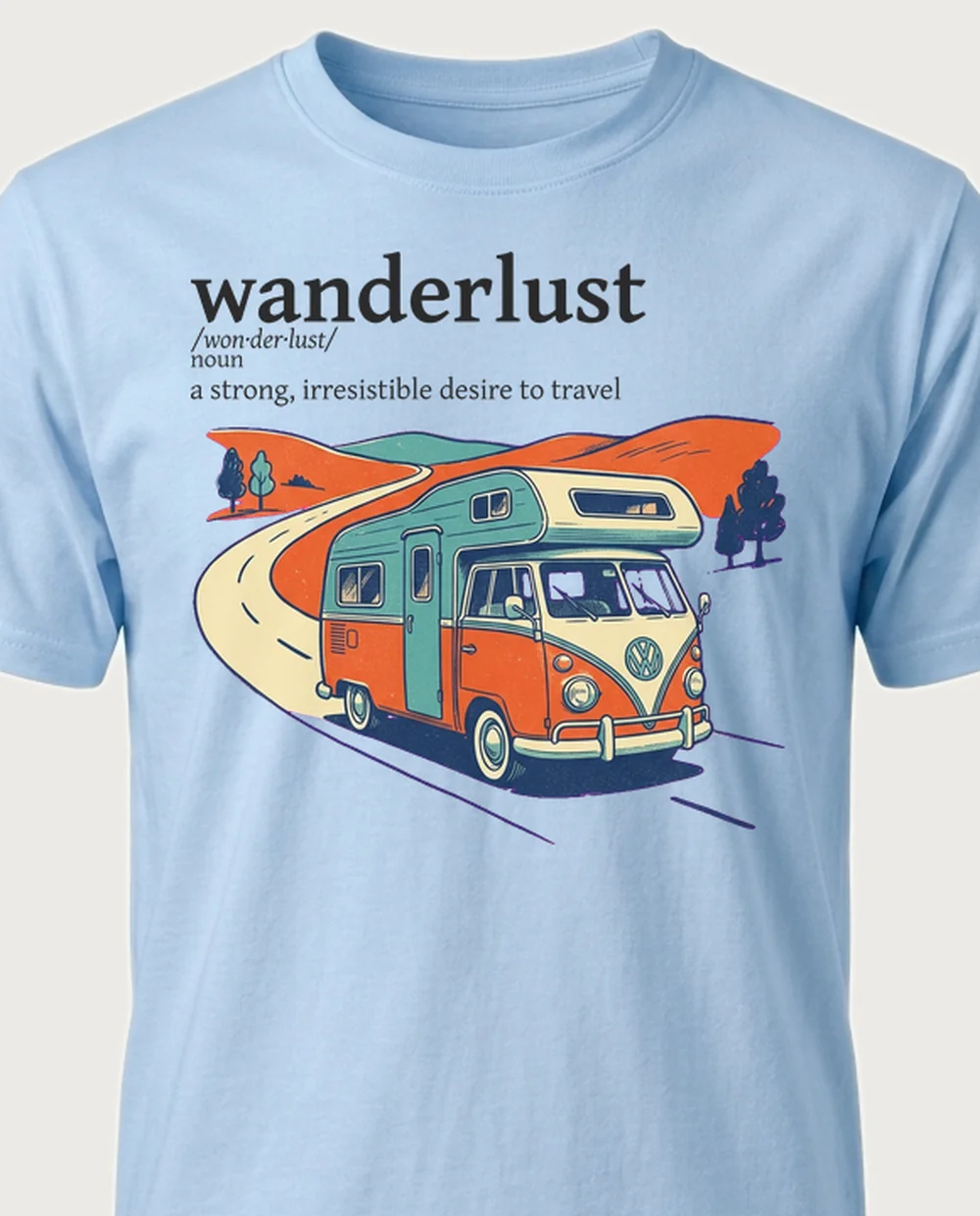 wanderlust camper — Dictionary on a light-blue tee
