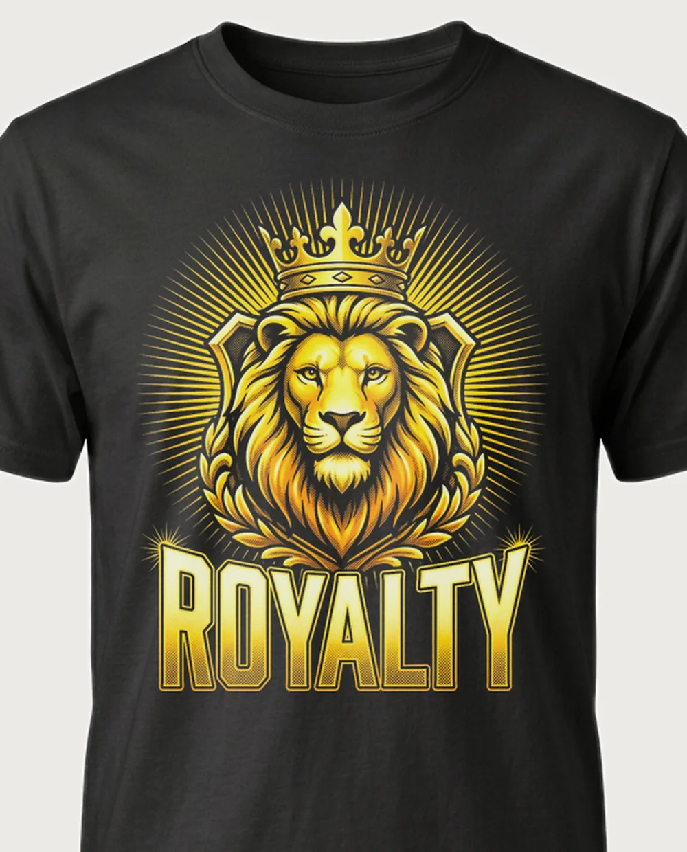 ROYALTY lion crest — Divine Gold on a black tee