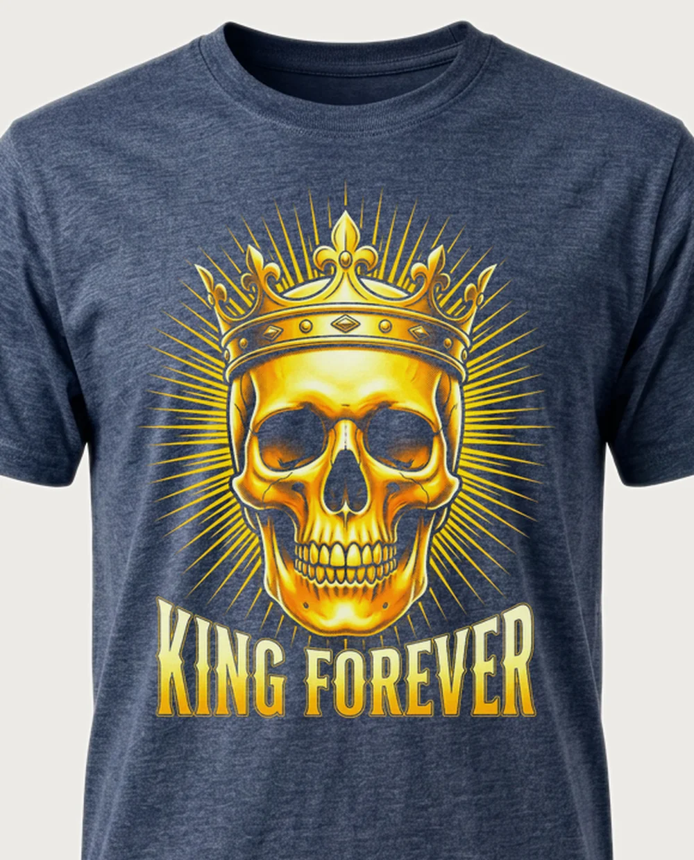KING FOREVER crowned skull — Divine Gold on a heather navy tee