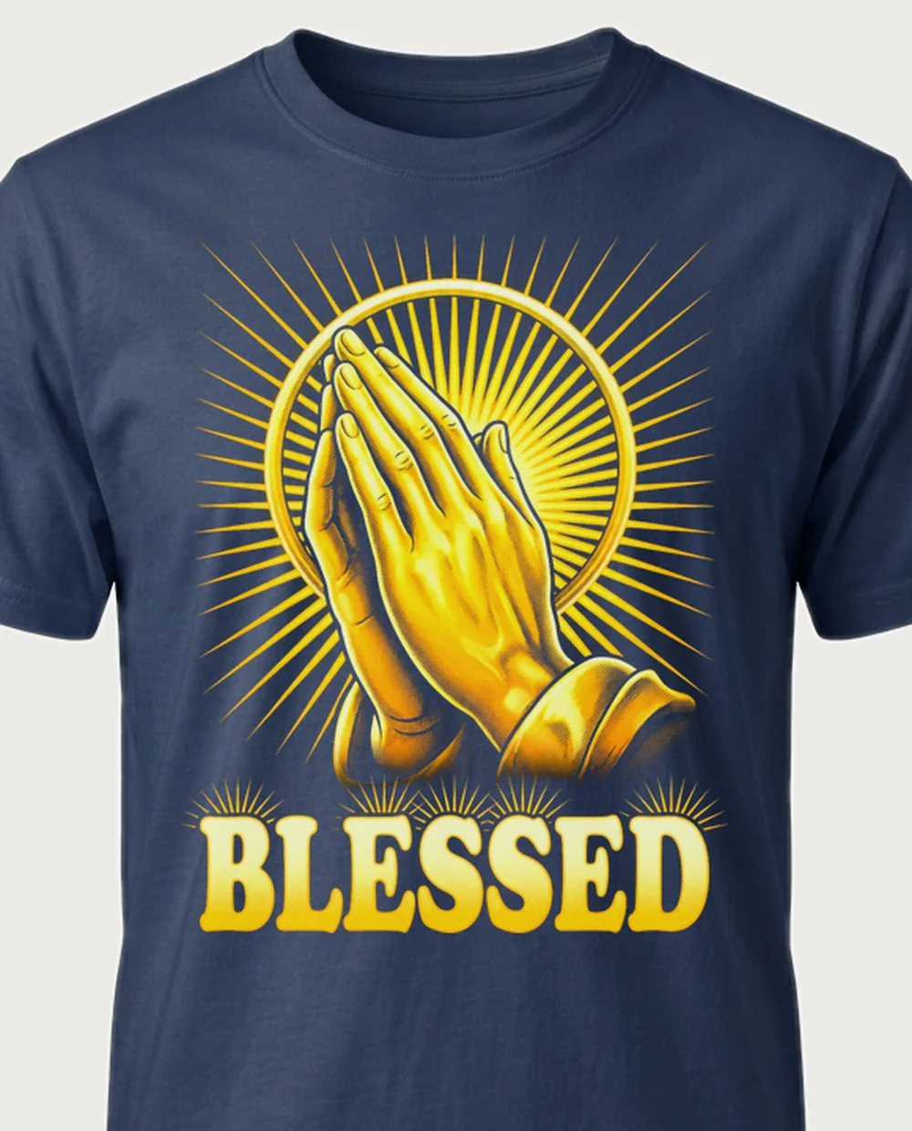 BLESSED praying hands — Divine Gold on a navy tee