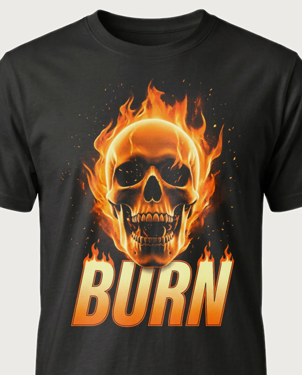 BURN flaming skull — Fire on a black tee