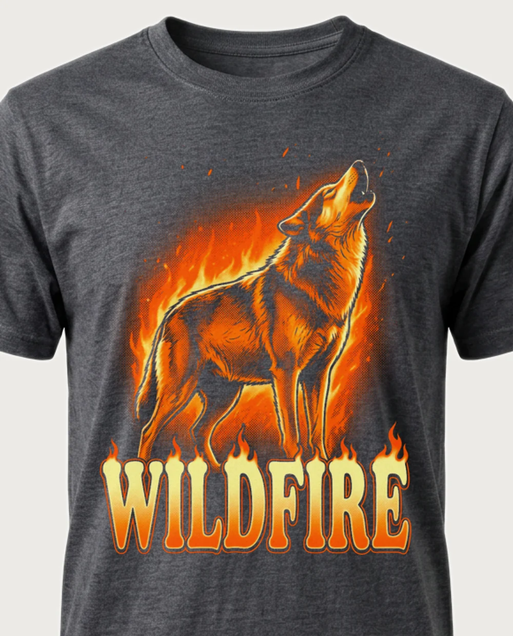 WILDFIRE wolf — Fire on a dark heather tee
