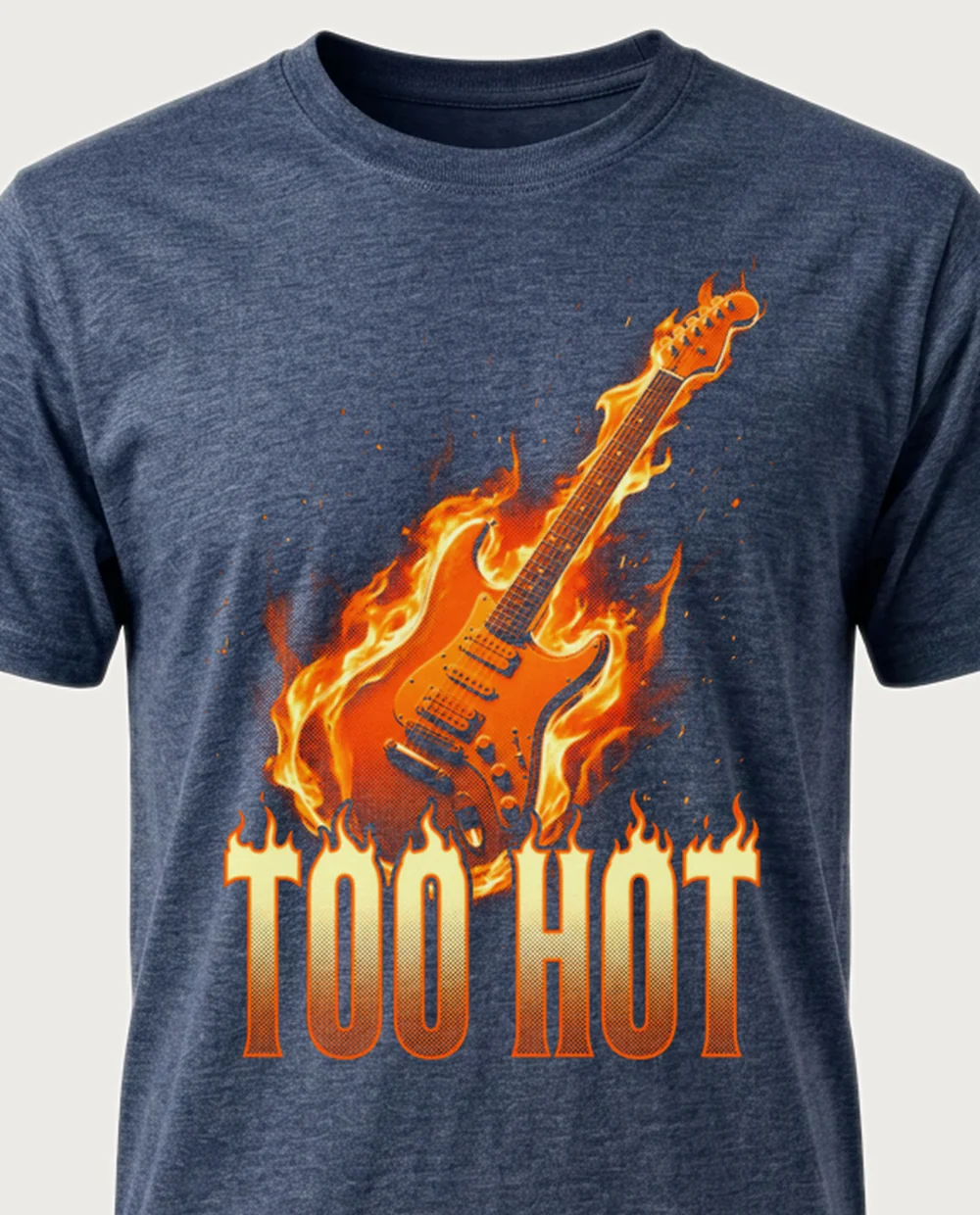TOO HOT guitar — Fire on a heather navy tee