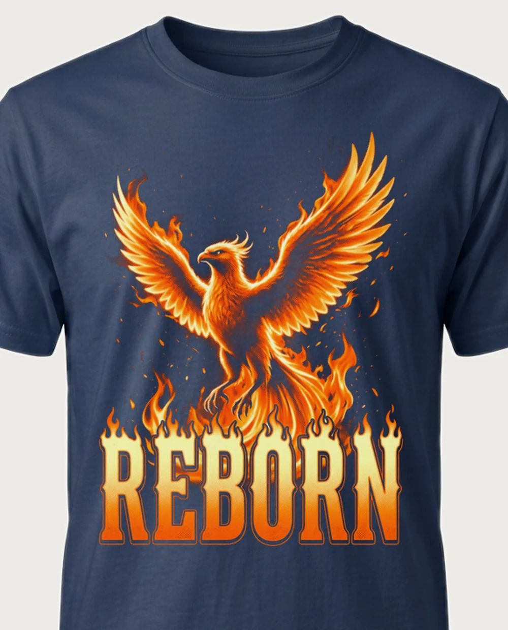 REBORN phoenix — Fire on a navy tee