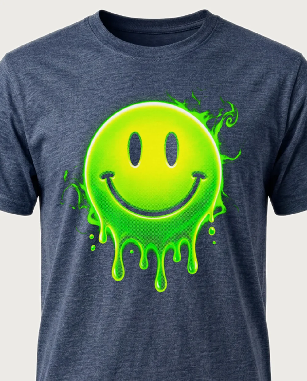 Acid smiley — Acid Toxic graphic on a heather navy tee