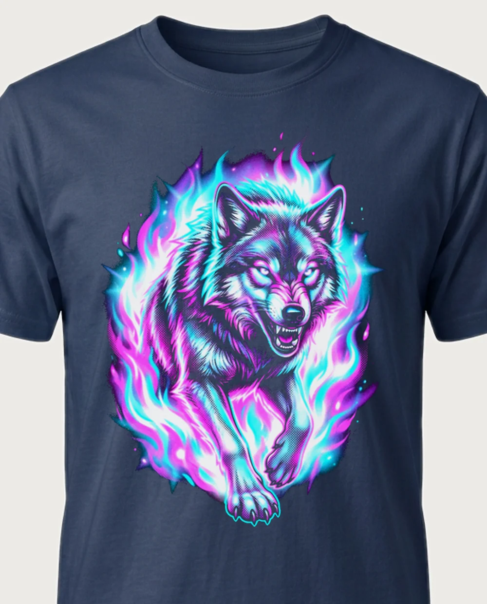 Flaming wolf — Airbrush graphic on a navy tee