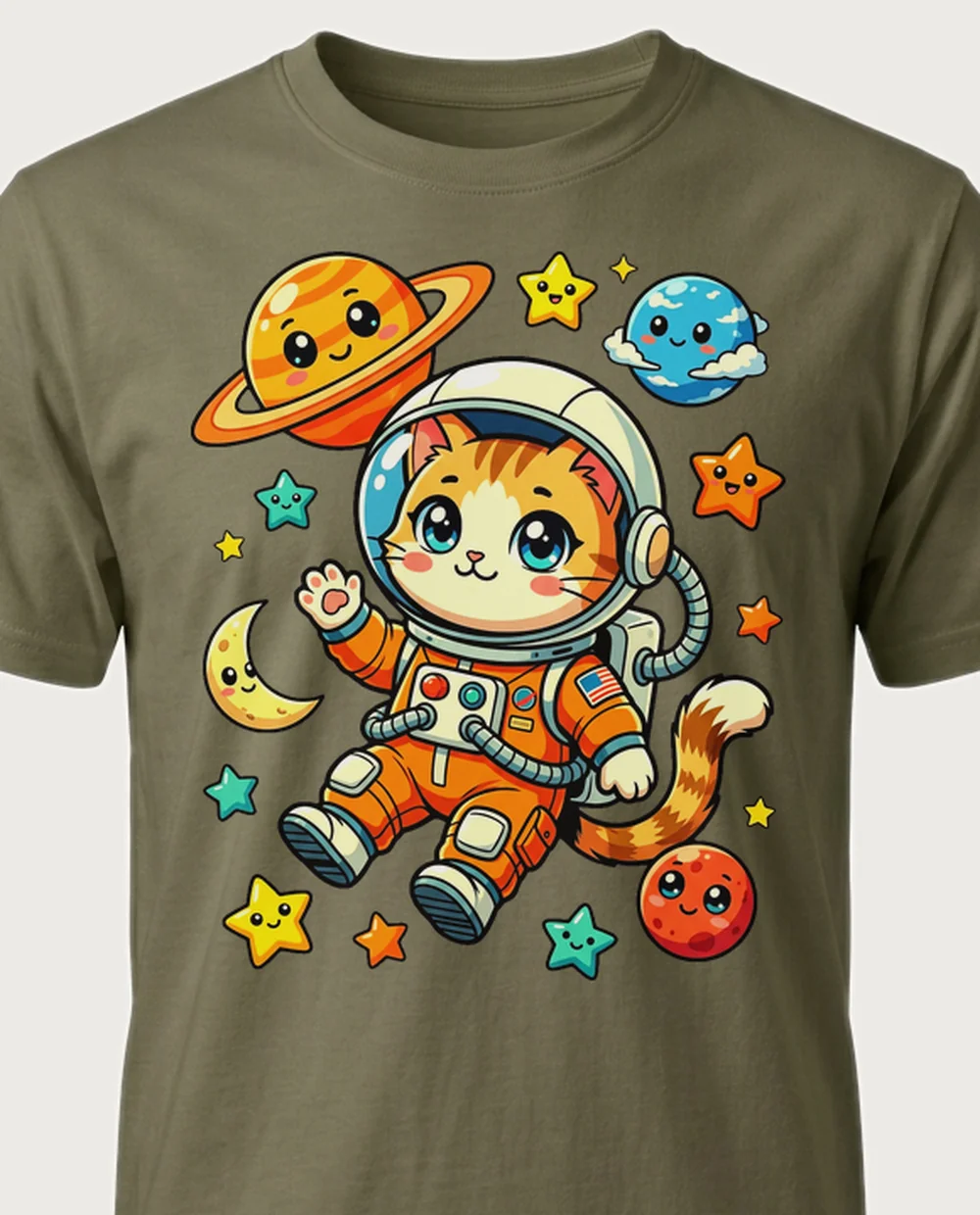 Astronaut cat — Retro Anime graphic on a military-green tee
