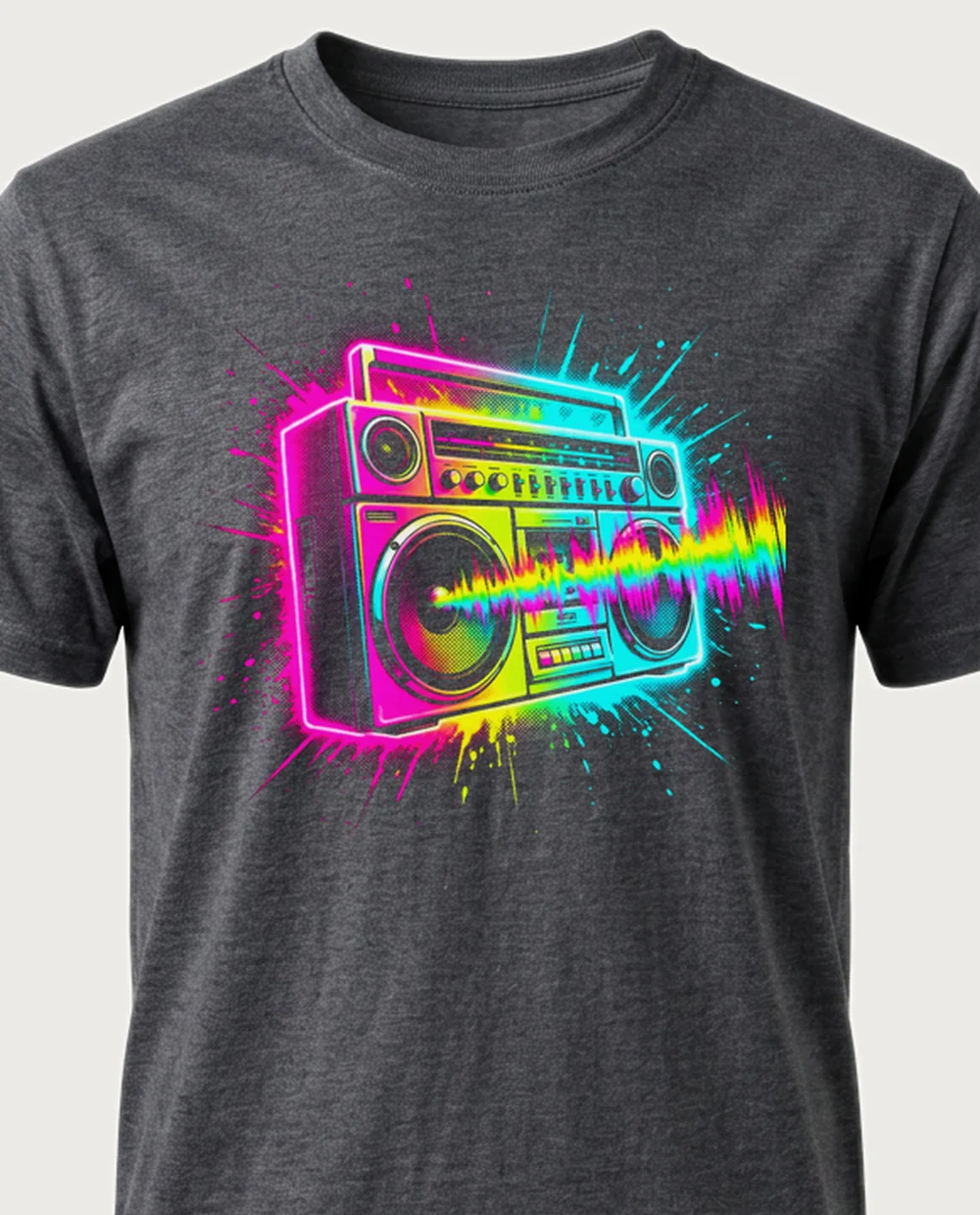 Boombox — Bootleg Rave graphic on a dark heather tee