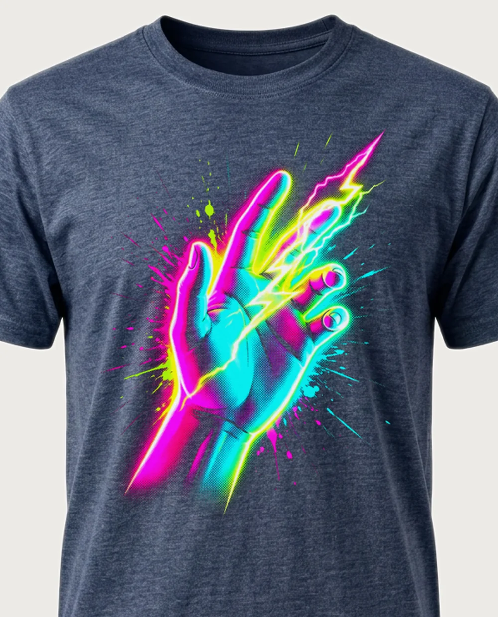 Lightning hand — Bootleg Rave graphic on a heather navy tee