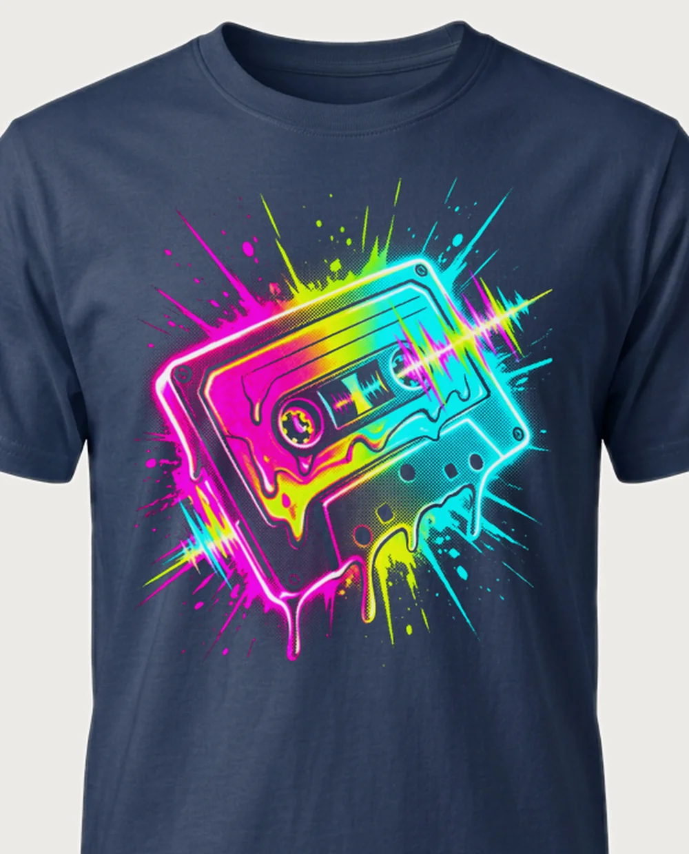 Cassette — Bootleg Rave graphic on a navy tee
