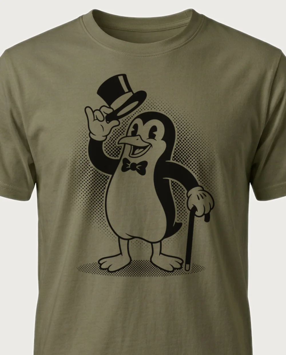 Penguin — 1920s Cartoon graphic on a military-green tee