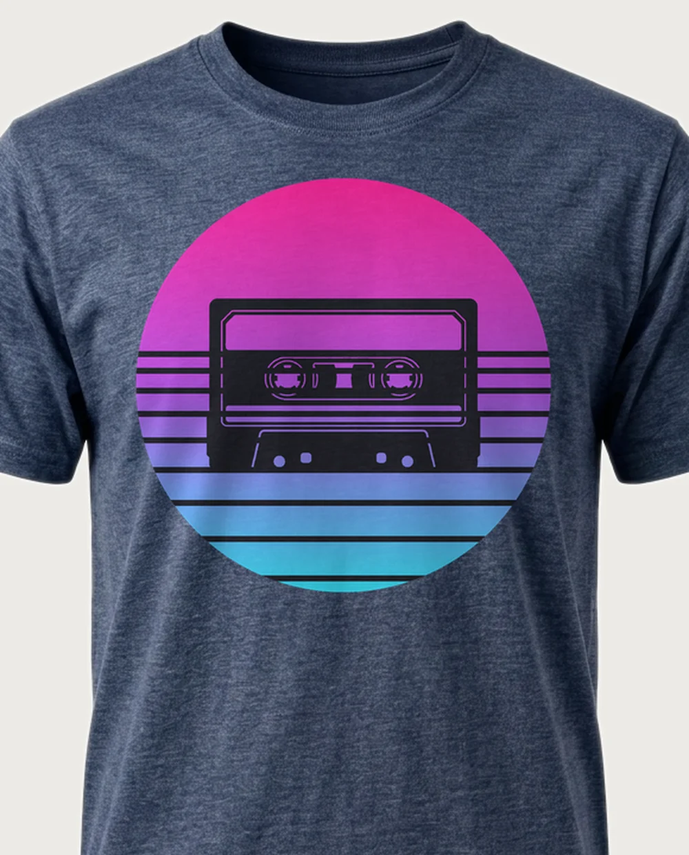 Miami cassette — Sliced Sun on a heather navy tee
