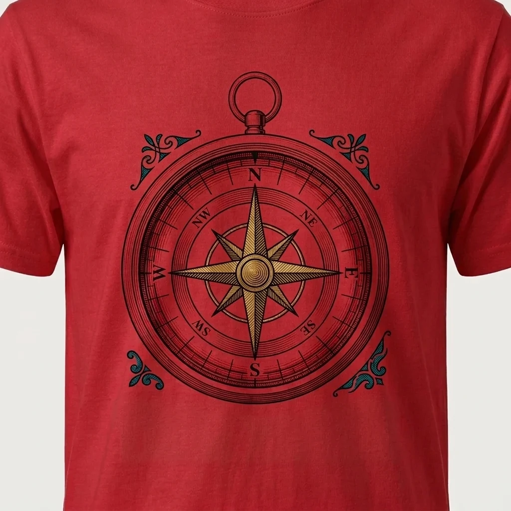 Colour Engraving graphic — gold compass rose on a red tee