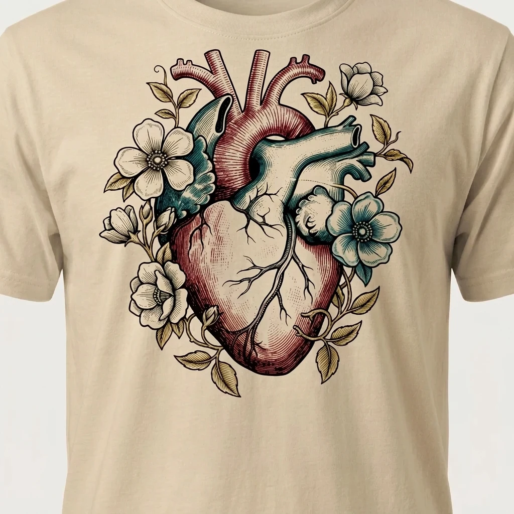 Colour Engraving graphic — anatomical wild heart on a sand tee