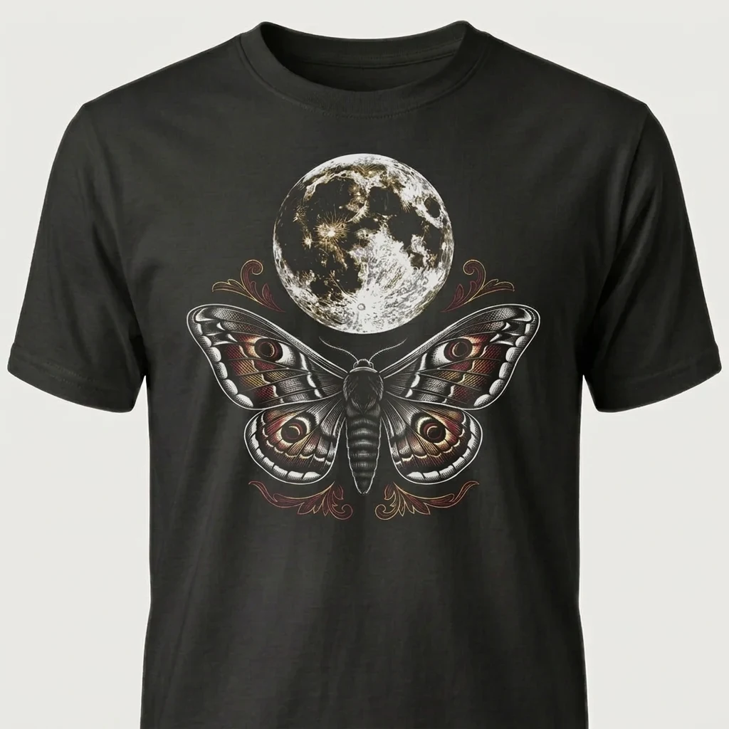 Colour Engraving graphic — crimson & gold moth on a black tee