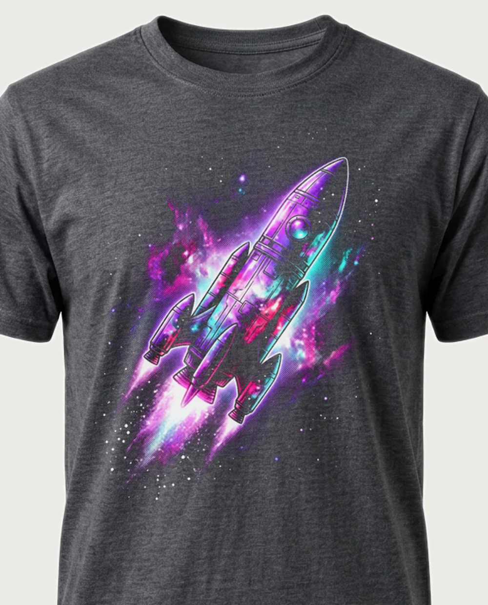 Rocket — Cosmic graphic on a dark heather tee