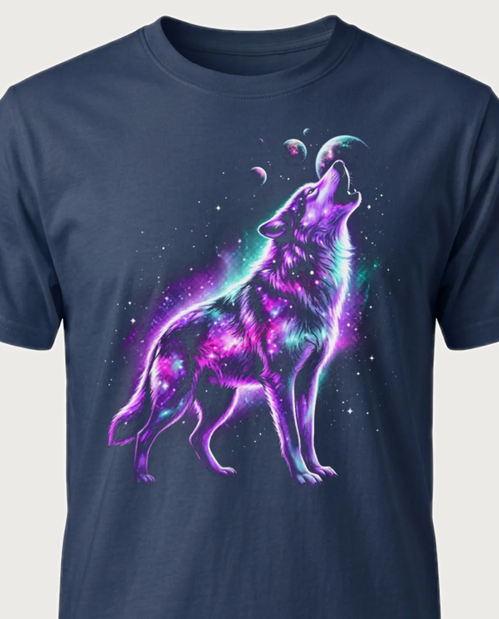Galaxy wolf — Cosmic graphic on a navy tee