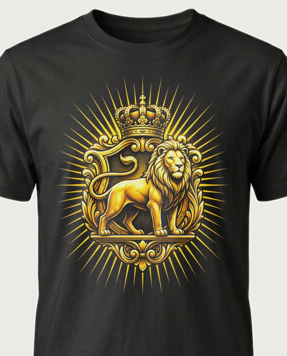 Lion crest — Divine Gold graphic on a black tee