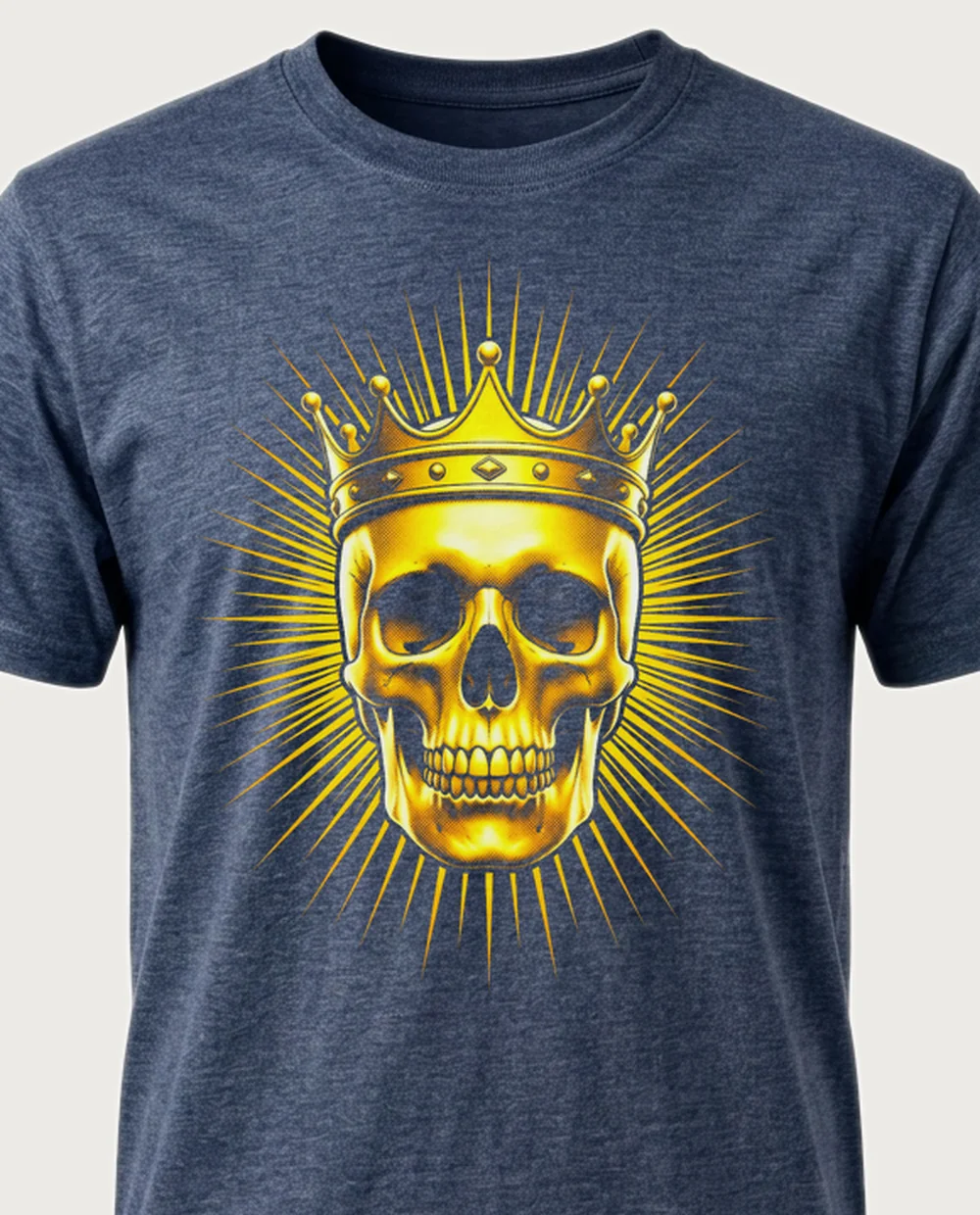 Crowned skull — Divine Gold graphic on a heather navy tee