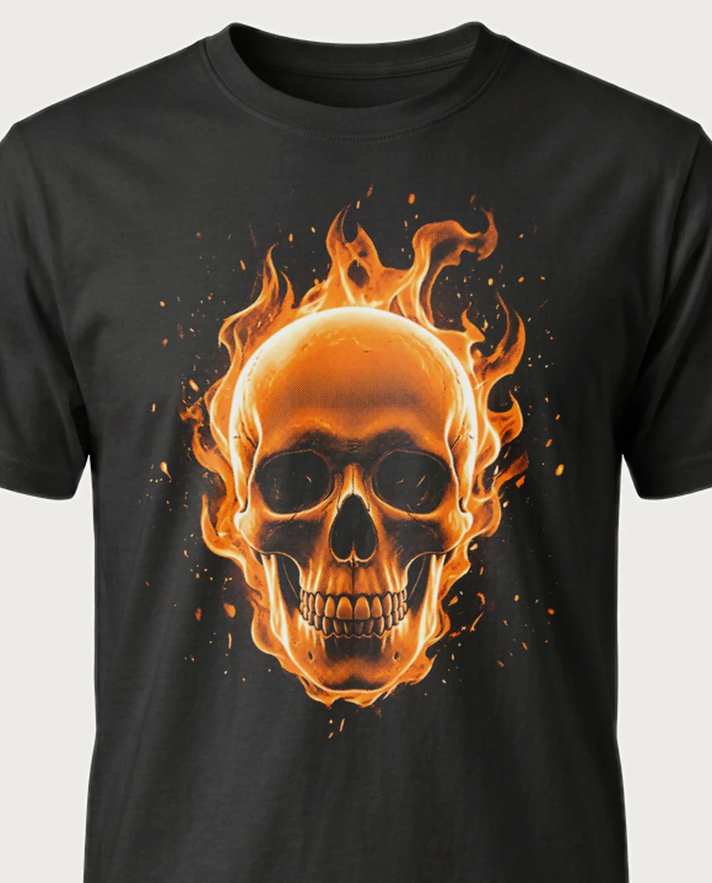 Flaming skull — Fire graphic on a black tee