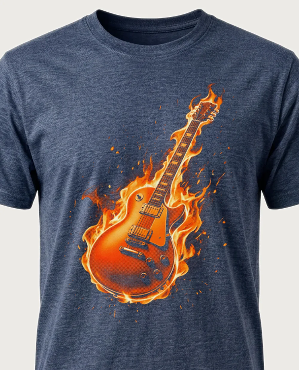 Guitar — Fire graphic on a heather navy tee