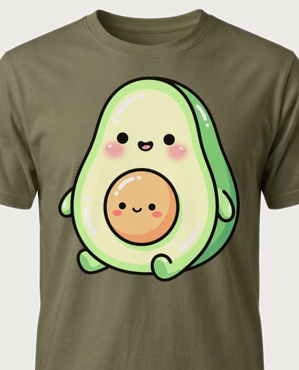 Avocado — Kawaii Pastel graphic on a military-green tee