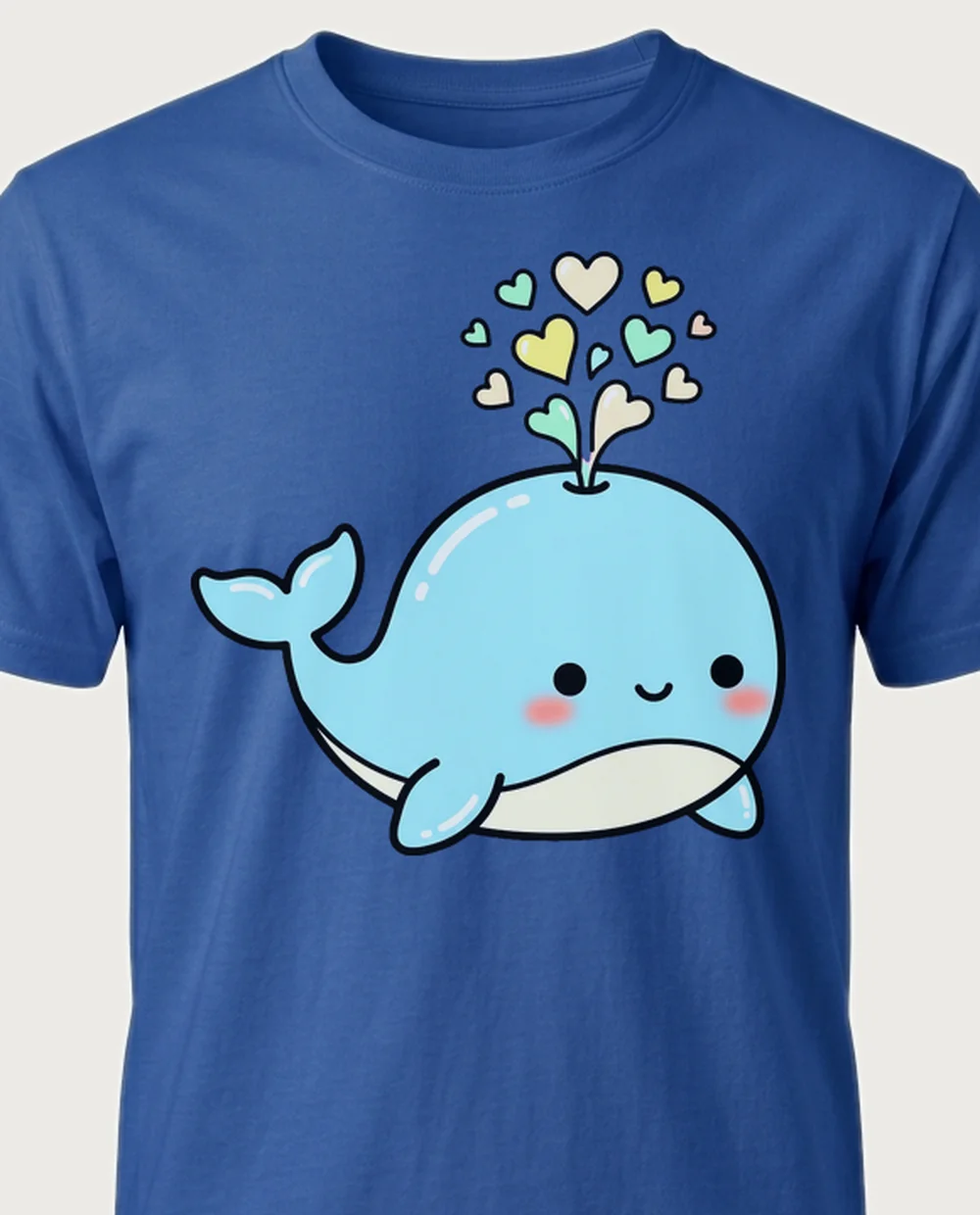 Whale — Kawaii Pastel graphic on a royal blue tee