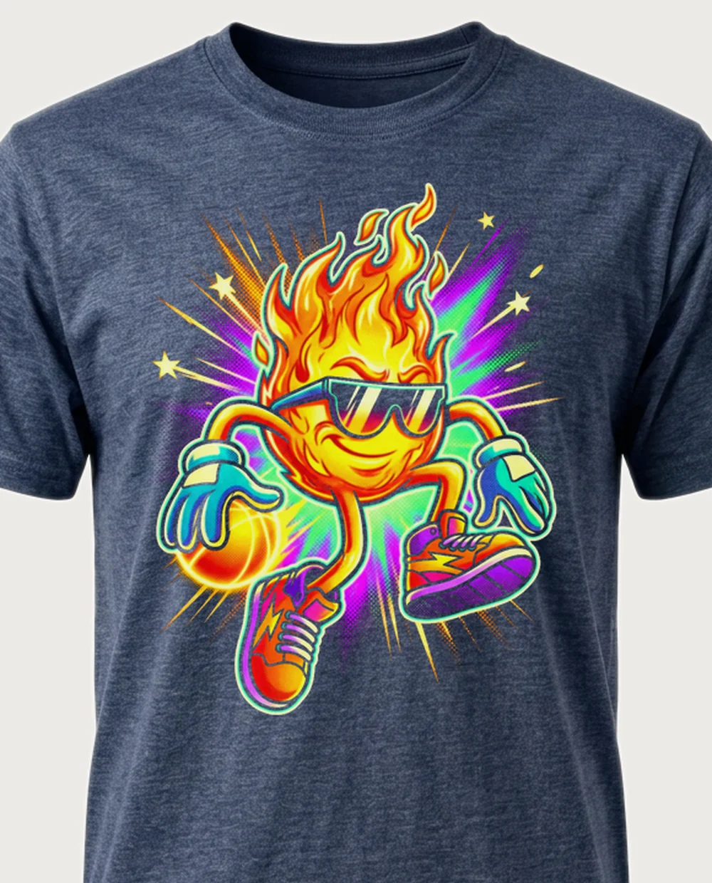 Flame mascot — Mascot graphic on a heather navy tee