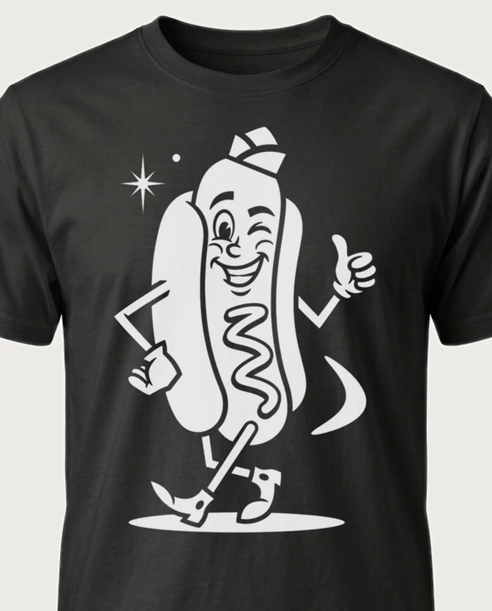 Hot dog — 50s Mascot graphic on a black tee