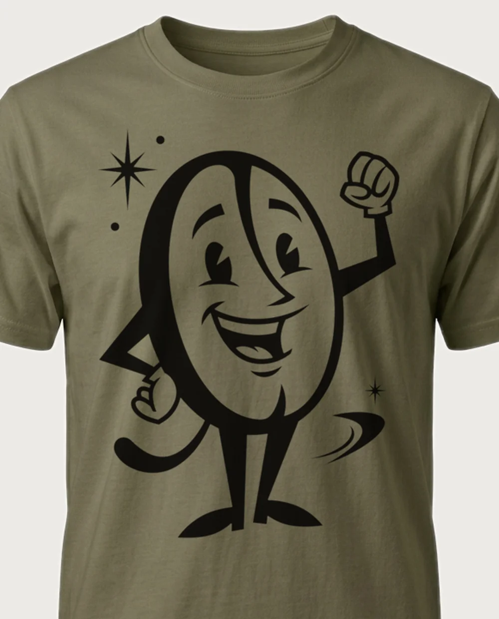 Coffee bean — 50s Mascot graphic on a military-green tee