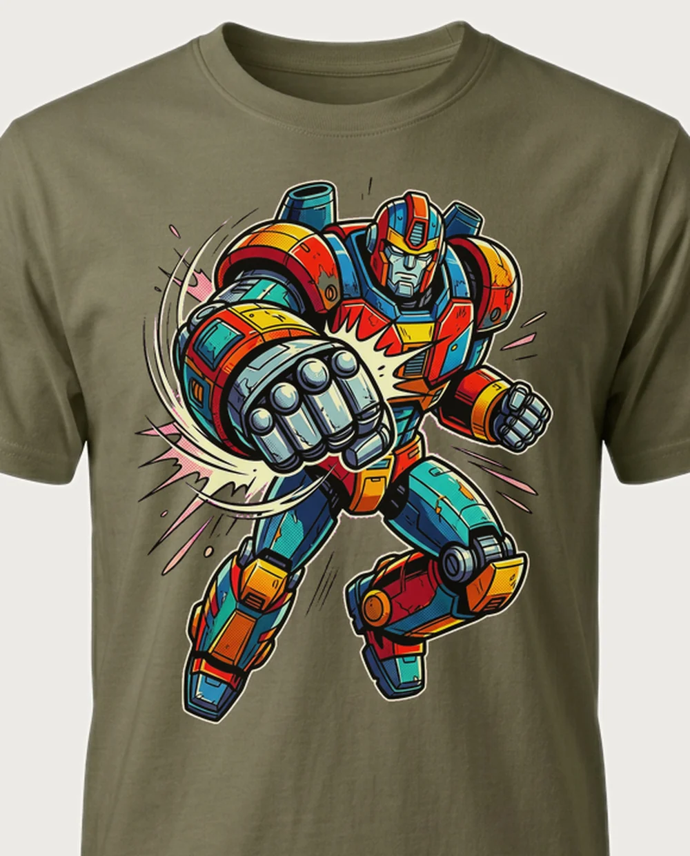 Robot — Pop Art Comic graphic on a military-green tee