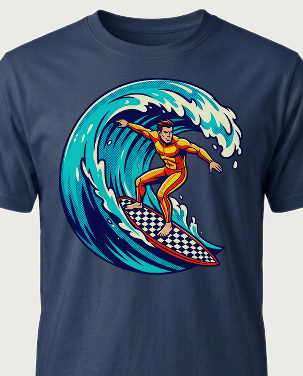Surfer — Pop Art Comic graphic on a navy tee