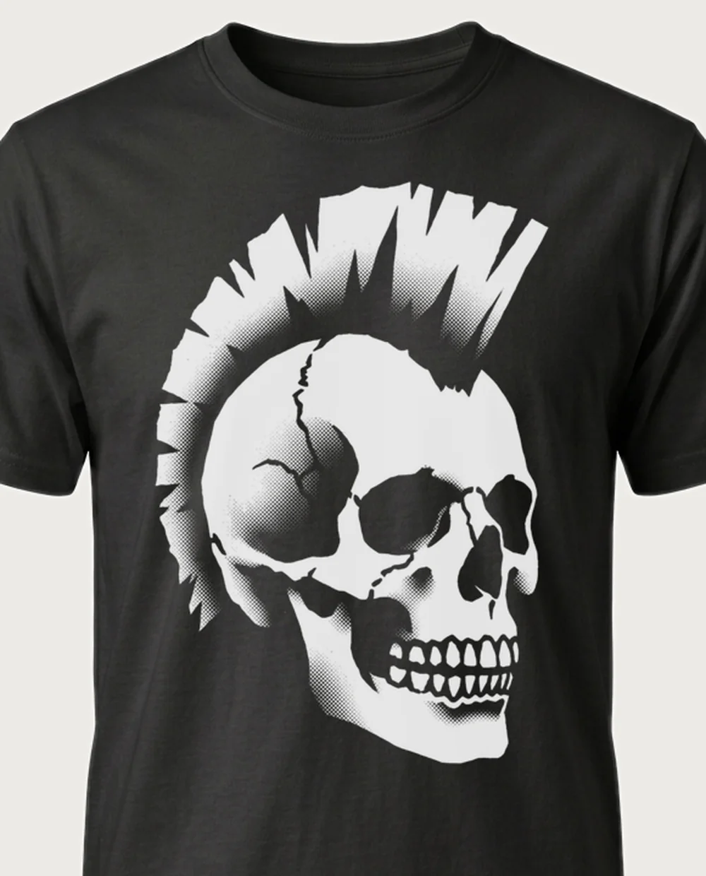 Mohawk skull — Punk Stencil graphic on a black tee